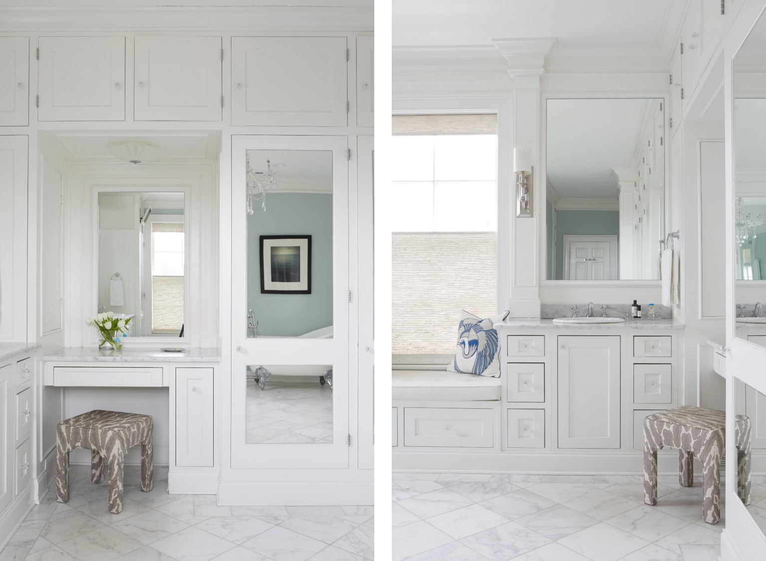 White bathroom with white marble. Lots of storage. Slick and clean