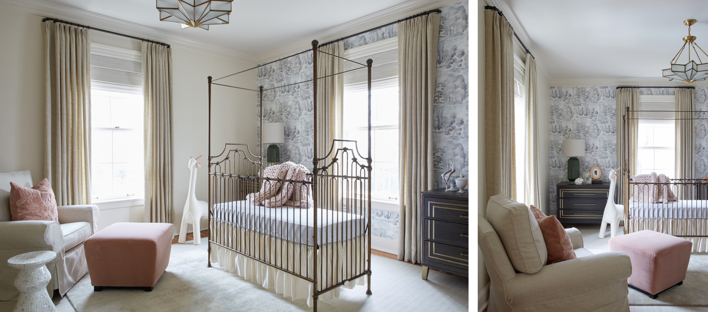 Babys room with statement wallpaper. Elegant and timeless childrens room