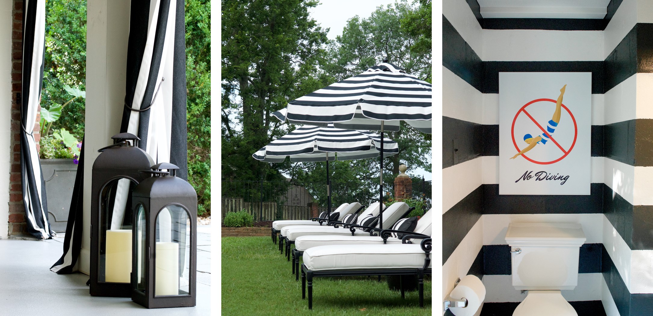 Black and white pool decor. Black and white pool chairs. Black and white striped pool bathroom.