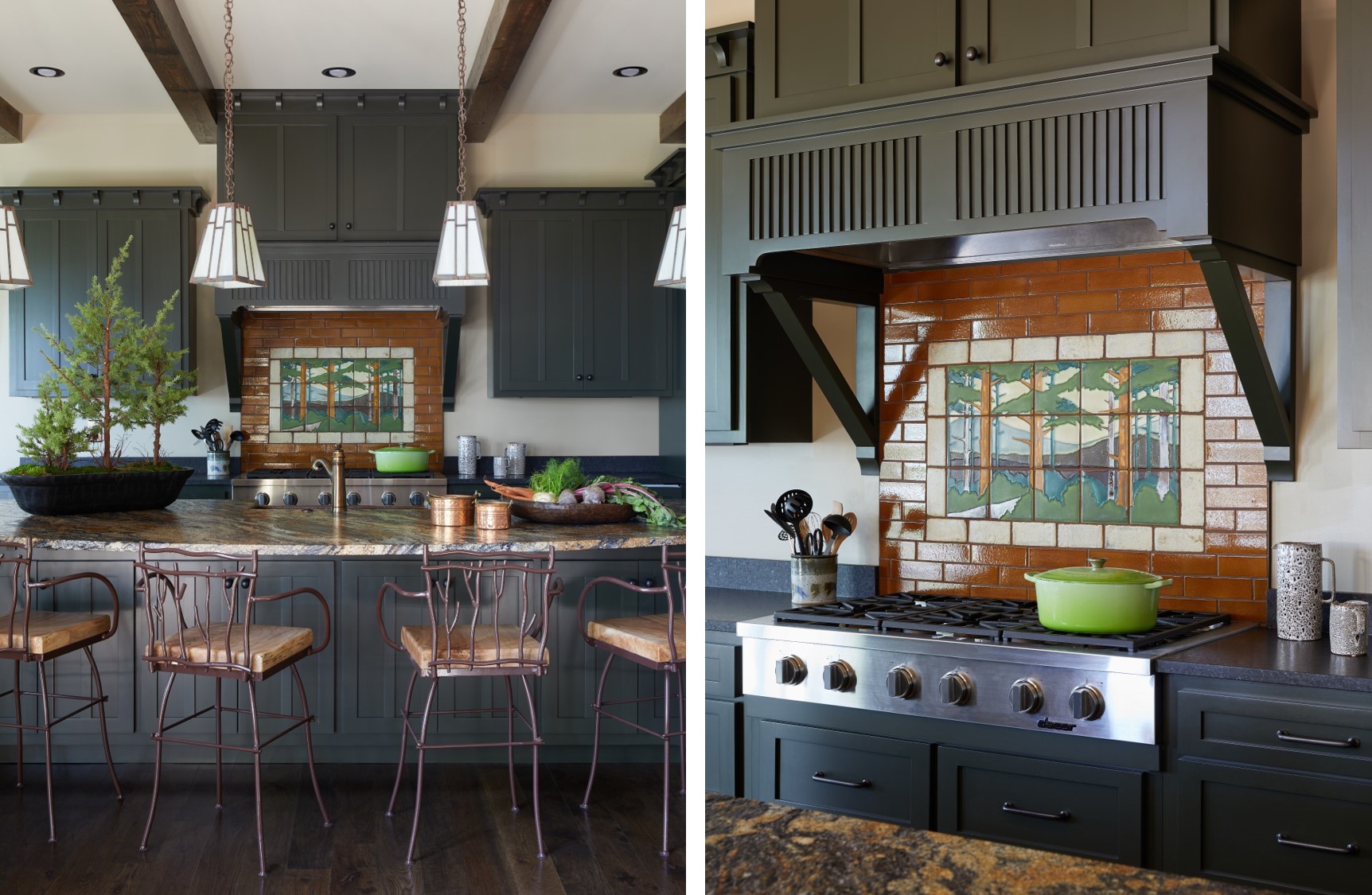 Cozy cabin kitchen. Dark green kitchen cabinets. Big gas stove.