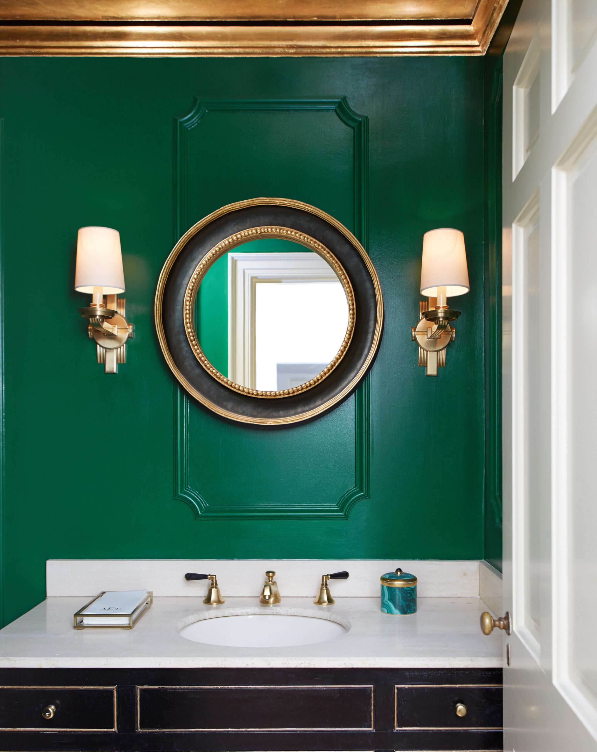 Green Powder Bathroom with gold accents